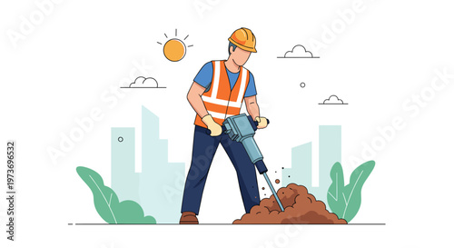 Male construction worker wearing safety gear and helmet, using a powerful pneumatic jackhammer to break ground on a city site.