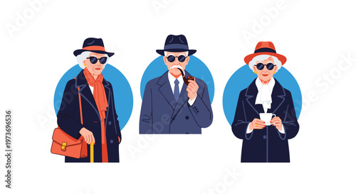 Set of stylish senior citizens wearing elegant coats, hats, and sunglasses, while enjoying a sophisticated urban lifestyle.