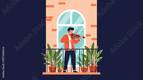 Young man playing the violin while standing on a charming brick balcony filled with various potted plants against a dark night sky.