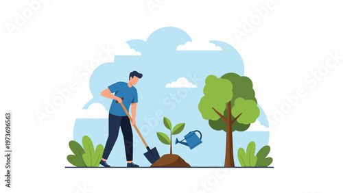 Young man using a shovel to plant a small tree in a park setting with a watering can and larger trees visible in the background.