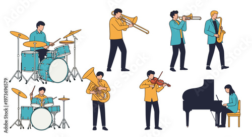 Various musicians professionally playing orchestral and jazz instruments, including drums, trombone, saxophone, and piano.