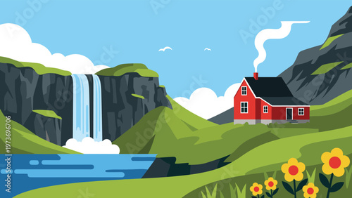 Picturesque red house with smoking chimney located near a stunning waterfall in a lush green mountain valley under a bright blue sky.