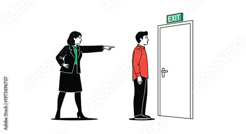 Authoritative woman in a business suit pointing firmly towards an exit door, as a man stands nearby looking in that direction.