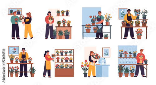 Set of eight scenes depicting diverse male and female florists, arranging beautiful flowers and serving customers in a flower shop.