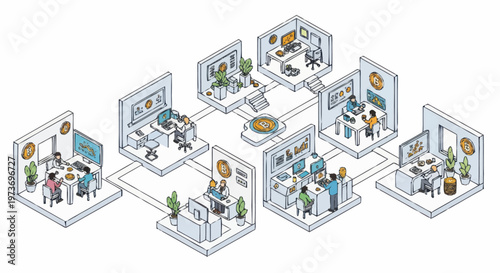 People working in office spaces.