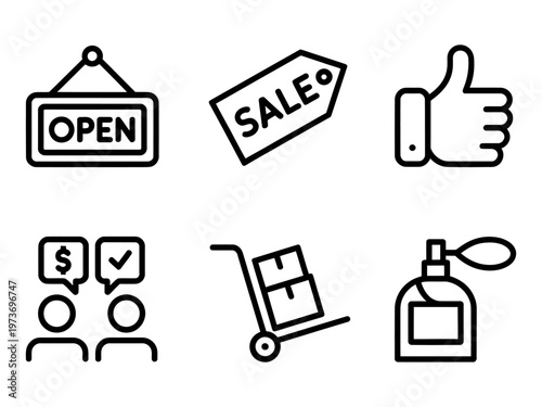 Vector of business icons including open sign, sale tag, thumbs up, customer service, and trolley with boxes