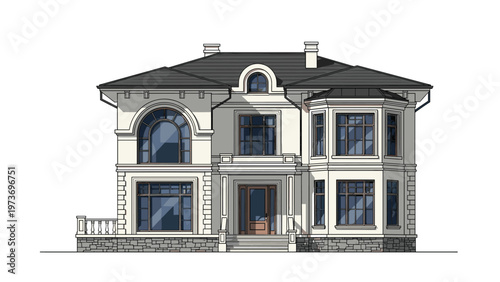 Classic two-story luxury mansion architectural design features arched windows, symmetrical facade, and elegant stone detailing on a white background.