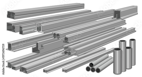 Large assortment of industrial gray metal profiles and pipes, made of aluminum or steel for construction and manufacturing purposes.