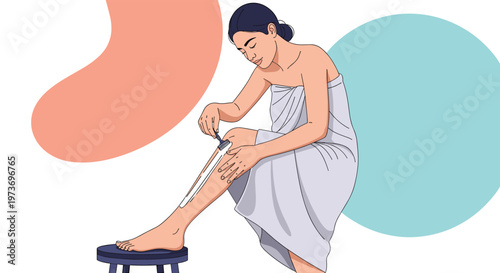 Young woman wearing a white towel and sitting on a stool, while carefully shaving her leg as part of her personal beauty routine.
