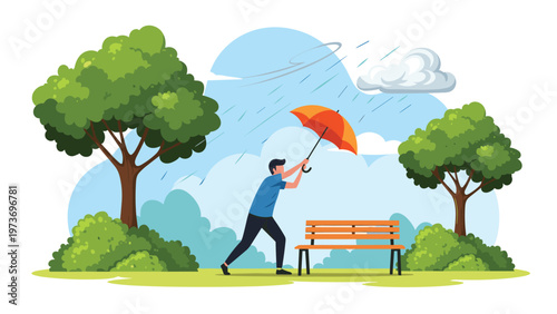 Determined man struggling with his orange umbrella while walking through a park during a heavy wind and rain storm with dark clouds.