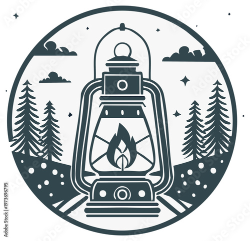 Vintage Lantern Icon with Flame, Forest Pines and Starry Night in Circle Emblem Design