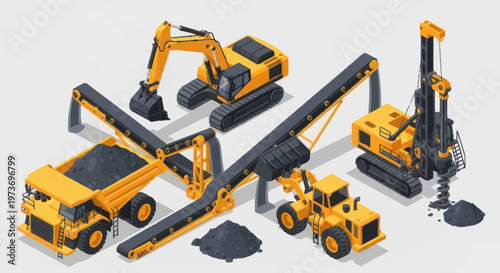 Yellow construction vehicles and equipment set.