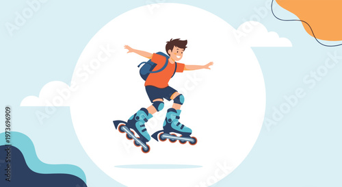 Happy young boy wearing a backpack and protective gear, jumping high in the air while riding blue rollerblades outdoors.