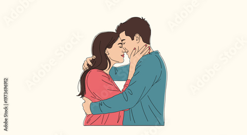 Romantic young couple in casual clothes sharing an intimate moment, and embracing while looking tenderly into each other's eyes.