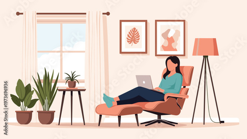 Young woman focused on her laptop while reclining on a comfortable chaise lounge in a bright modern apartment decorated with lush green plants.