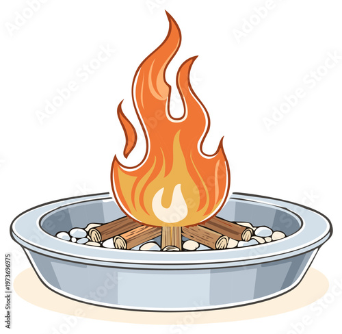Cartoon campfire in a metal fire pit with burning logs and vibrant orange flames vector illustration