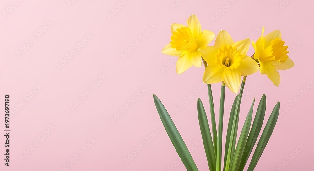 Fototapeta premium Three bright yellow daffodils with green leaves on a pink background flowers spring