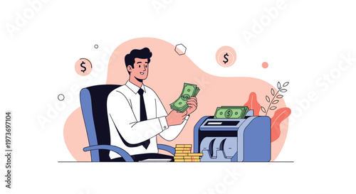 Successful businessman sitting at his office desk while counting a large stack of cash with an automatic money machine.
