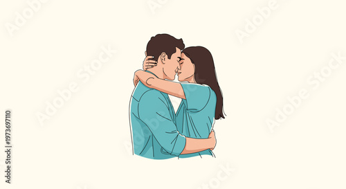 Romantic young couple sharing an intimate moment and embracing each other tightly against a simple pale background.