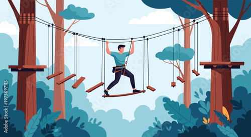 Man carefully crossing a wooden bridge on a high ropes adventure course in a lush green forest while using safety gear.