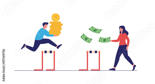 Conceptual scene showing a man jumping hurdles with a stack of coins while a woman walks and carries paper money.