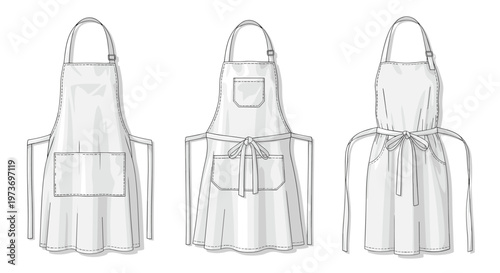 Graphic representation of three different styles of professional white aprons with pockets for kitchen and craft use.