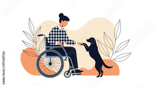 Heartwarming scene of a young woman in a wheelchair interacting playfully with her loyal pet dog against a decorative leafy background.