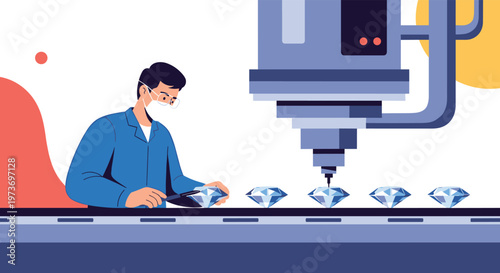 Professional jeweler wearing a mask while carefully inspecting and processing sparkling diamonds on a factory conveyor belt.