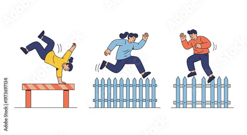Action sequence showing active people jumping over fences and obstacles during a vigorous parkour or athletic session.