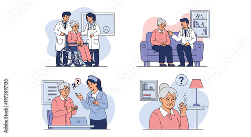 Compilation of scenes showing professional medical staff providing compassionate healthcare and support to an elderly lady.
