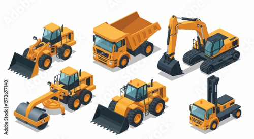 Collection of Yellow Construction Vehicles and Equipment.