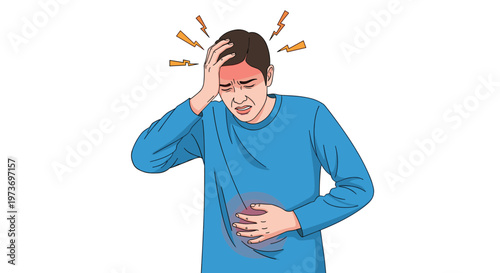 Man wearing a blue shirt expressing pain and discomfort while suffering from both a severe headache and stomach ache.