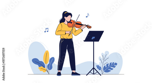 Young female musician standing and playing a violin with a music stand in a room decorated with plants and abstract shapes.
