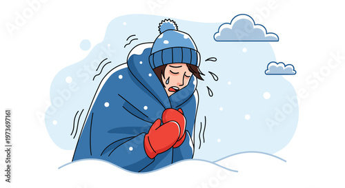 Person wrapped tightly in a blue blanket and wearing red mittens while shivering in a cold and snowy winter landscape.