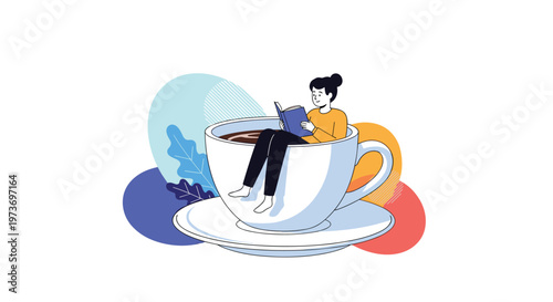 Whimsical illustration of a young girl sitting and reading a book inside a giant white coffee cup with colorful clouds.