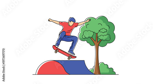 Athletic teenager performing a kickflip trick on a skateboard over a colorful ramp at a park during a sunny day.