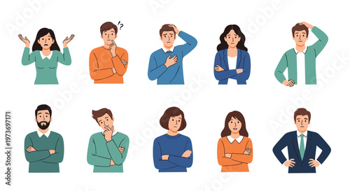 Set of diverse men and women showing various facial expressions of confusion, doubt, and deep thought on their faces.