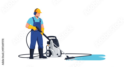 Industrial worker wearing safety gear and using a high pressure water washer to clean a dirty floor in a warehouse.