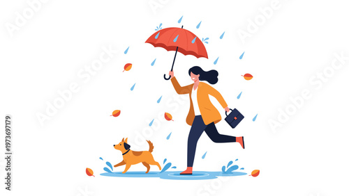 Energetic woman running through rain puddles with her cheerful dog while holding a bright red umbrella and carrying a briefcase during an autumn day.