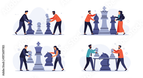 Diverse groups of business people playing a giant game of chess to represent strategic planning and decision making.