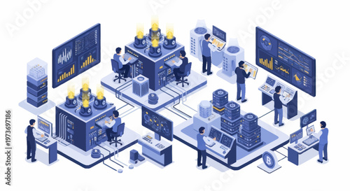 Modern Data Center with Servers and Technicians.