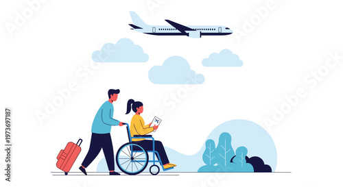 Kind man pushing a young woman in a wheelchair across a tarmac with a large airplane flying in the sky above them.