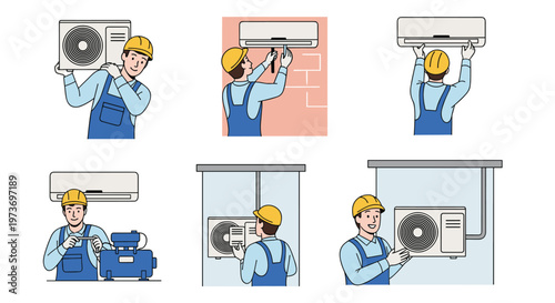 Series of illustrations showing professional hvac technicians installing and repairing different air conditioning units.