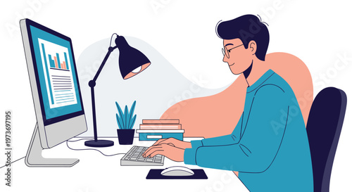Professional male freelancer working on business project using desktop computer at home office desk with modern desk lamp.