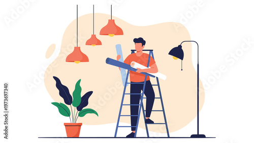 Professional designer standing on a ladder and holding several rolls of blueprints while planning a modern interior lighting project.