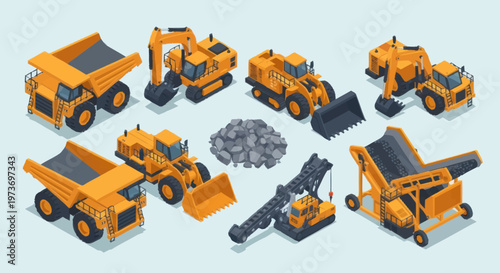 Collection of Isometric Construction Vehicles and Equipment.
