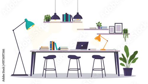 Modern co-working space interior featuring a long wooden table with stools, laptops, books, and stylish lamps for a productive environment.