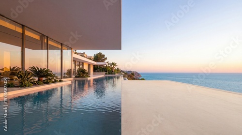 Luxury modern house with glass walls, infinity pool, and ocean view at sunset. Minimalist architecture blending indoor and outdoor spaces with tropical plants and serene atmosphere