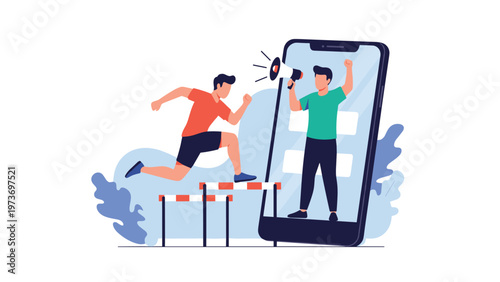 Motivational concept showing a man jumping over hurdles emerging from a smartphone while being coached by another man with a megaphone.