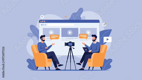 Two professional men conducting an engaging recorded interview for a video blog in a studio setting with a digital interface background.